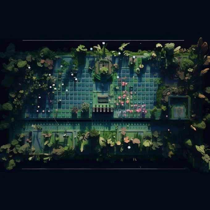 A bird view of a garden made from GitHub contribution green squares, using Midjourney.