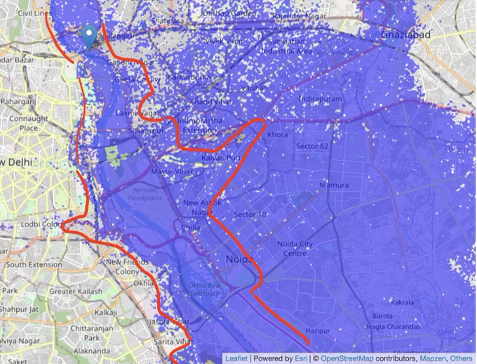 Map of Delhi showing areas around Yamuna that could be at risk of flooding.