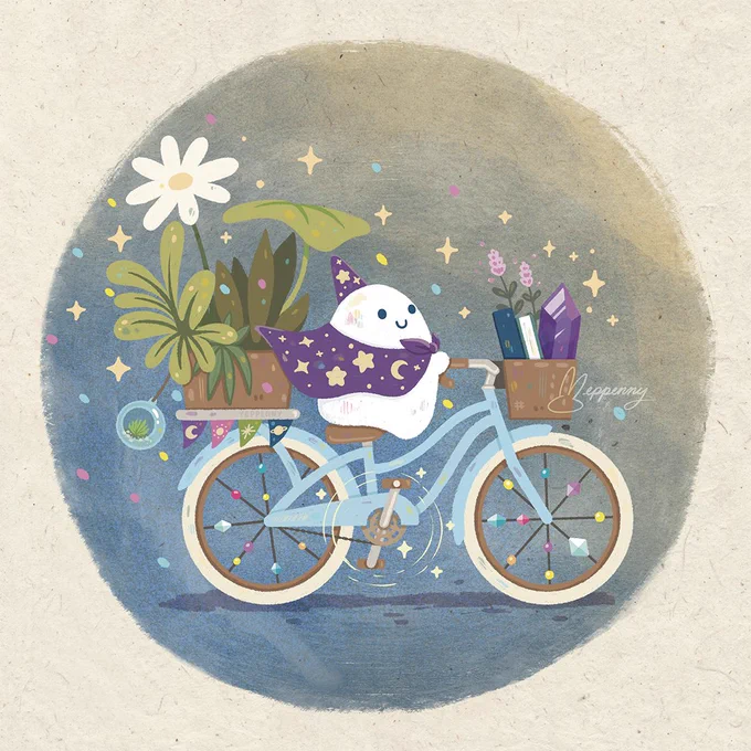 Illustration by Yeppenny Doodles LLC of a wizard-ghost riding a bicycle with baskets of plants, books, and a crystal.
