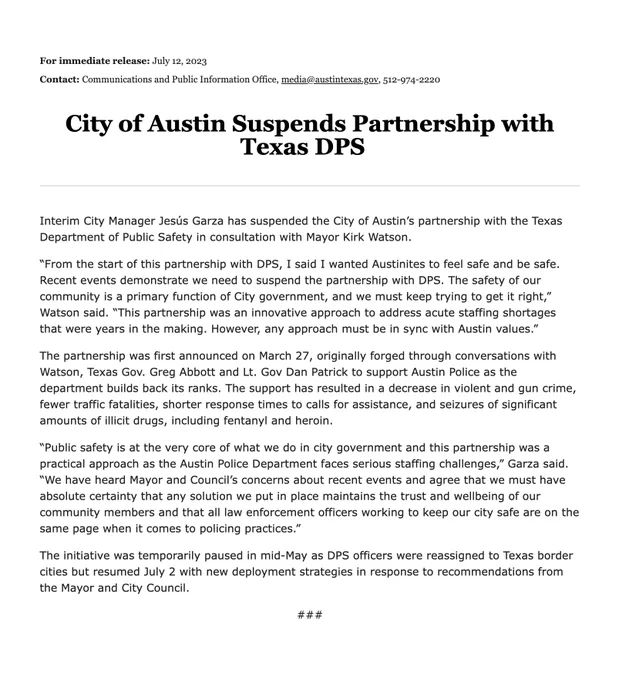 City of Austin press release suspending DPS agreement.