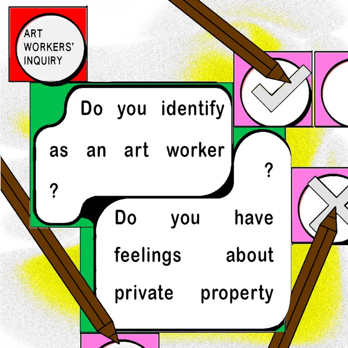 A colourful graphic with "Art workers' inquiry" in a bubble on the top left-hand side. Two speech bubbles outline the questions: "Do you identify as an art worker?" and "Do you have feelings about private property?" Illustrated pencils check off survey boxes in the background.