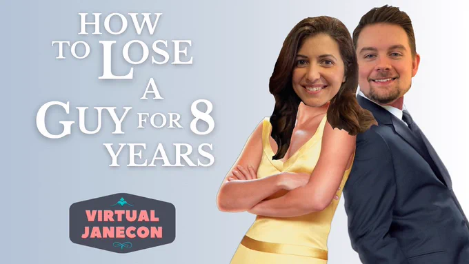 The how to lose a guy for 10 years poster but it’s Ana and fred poses back to back and the text says how to lose a guy for 8 years