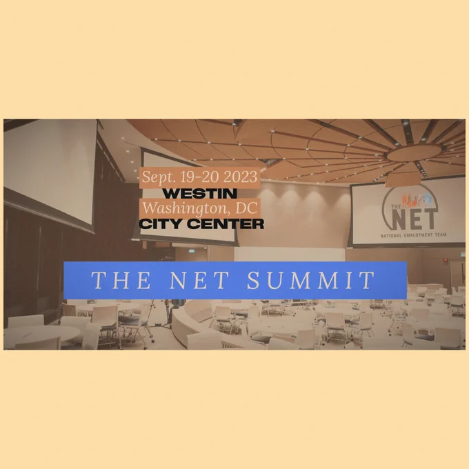 a visual of a conference setting with round white tables and chairs with a projection of the net logo on a large screen in the conference room (faded imagery) with bold text that says Sept. 19-20 2023 Westin Washington DC City center on top of caps lock text THE NET SUMMIT in purple and tan color theme through graphic