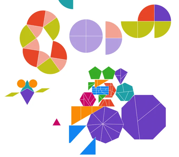 Multicolored designs made of polygons including a fish. A collection of polygons cut with lines, resembling shattered glass, and which sound like shattered glass when played. 