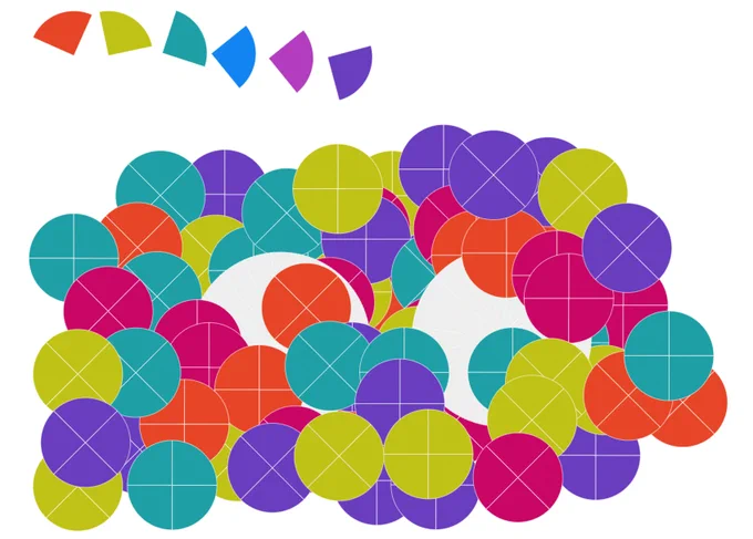 A rainbow of falling quarter circles. Many magenta, teal, purple, orange, and chartreuse circles piled over each other, with two larger white circle peering out underneath, that were set to play with a drum beat. 