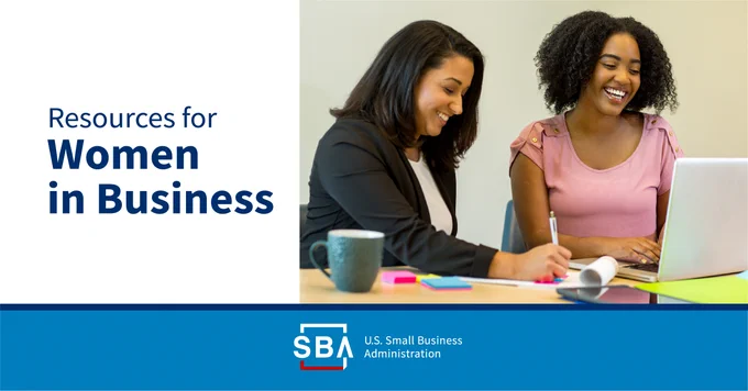 Graphic with text on the left that reads "Resources for women in business" and a photo of two women looking at a laptop computer on the right. 