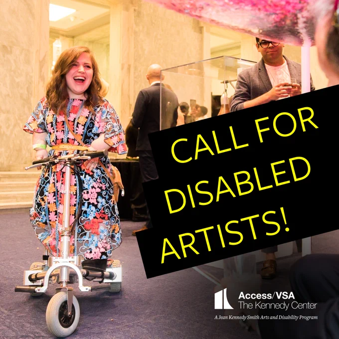 Image of a woman on a motorized scooter with text in yellow that reads "Call for disabled artists!"