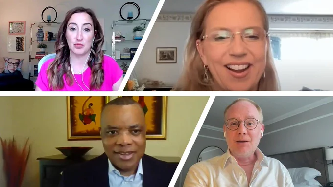Headshots of the SABEW's webinar talent on How the Negotiate Your First Salary. Clockwise from top left: Alexandra Carter of Columbia Law School, Cindy Perman, formerly of CNBC and The Wall Street Journal, Jeffrey Timmermans of ASU Cronkite School, and John Yearwood of POLITICO.