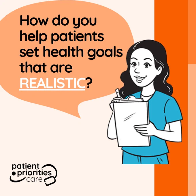 Image shows an illustrated female health professional holding a clipboard saying, "How do you help patients set health goals that are REALISTIC?" The Patient Priorities Care logo appears at the bottom of the image.