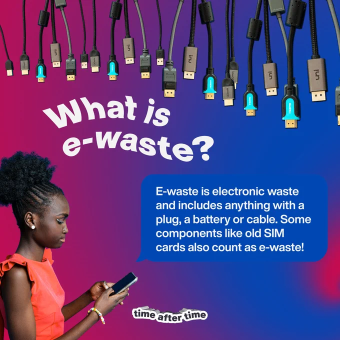 What is e-waste? E-waste is electronic waste and includes anything with a plug, battery or cable. Some components like old SIM cards also count as e-waste! Image of someone on their phone and lots of cables hanging down.