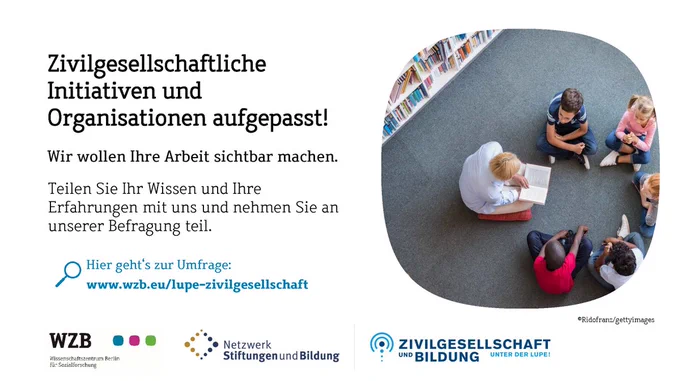 Aufruf zur Teilnahme an der Umfrage mit einem Bild von einer Lesegruppe.