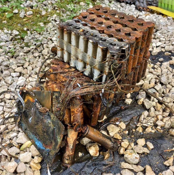 The lithium-ion battery that exploded showing fire damage.