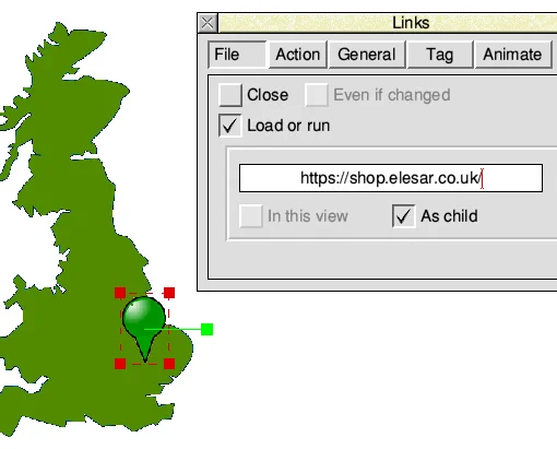 Map of the UK showing a pin which is linked to a URL. When clicked this will now launch the page in a web browser.