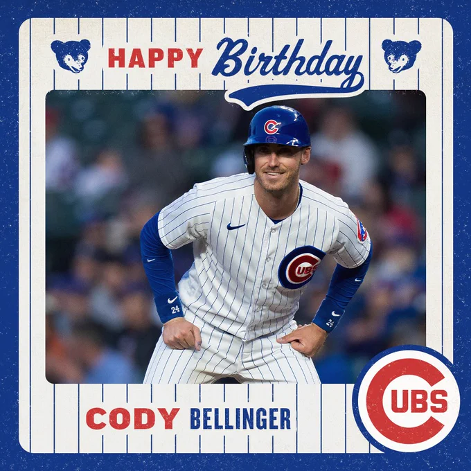 A birthday graphic for Cody Bellinger featuring a photo of him on base and smiling.