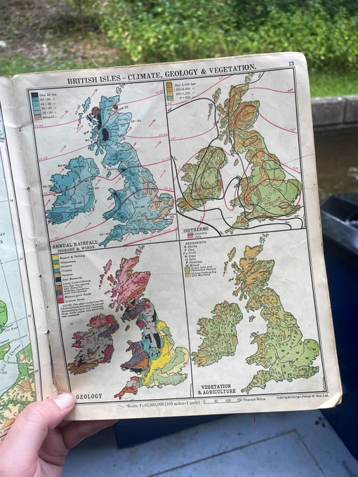 Four brightly coloured maps of the UK showing climate, geology and vegetation