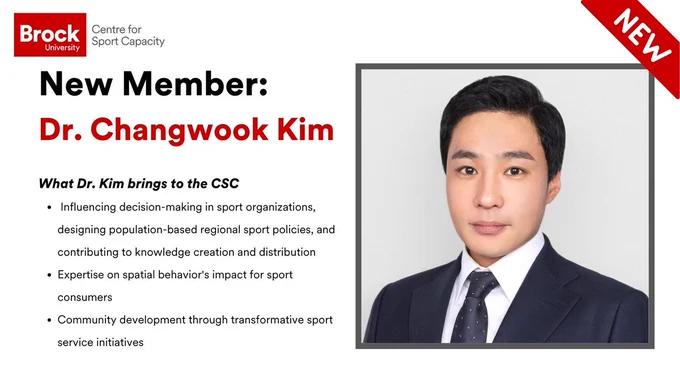 This post contains several written components. At the top left, there is the C.S.C. logo. Underneath that there is text stating "New Member: Dr. Changwook Kim." Underneath that there is more text saying "What Dr. Kim brings to the C.S.C.," containing three bullet points. The bullet points state 1. Influencing decision-making in sport organizations, designing population-based regional sport policies, and contributing to knowledge creation and distribution. 2. Expertise on spatial behavior's impact for sport consumers. 3. Community development through transformative sport service initiatives. On the right there is an image of Dr. Changwook Kim in a black border. 