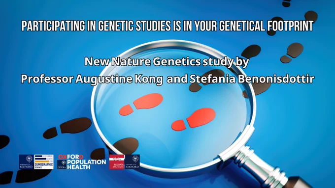Magnifying glass looking at footsteps with LCDS, Oxford Population Health and Big Data Institute logos, and text: 'Participating in genetic studies is in your genetical footprint. New Nature Genetics study by 
Professor Augustine Kong  and Stefania Benonisdottir'