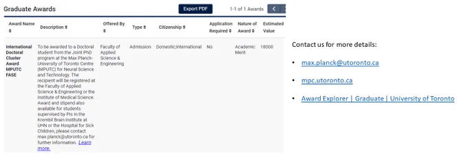 MPUTC IDC Awards, screenshot from Awards Explorer at University of Toronto