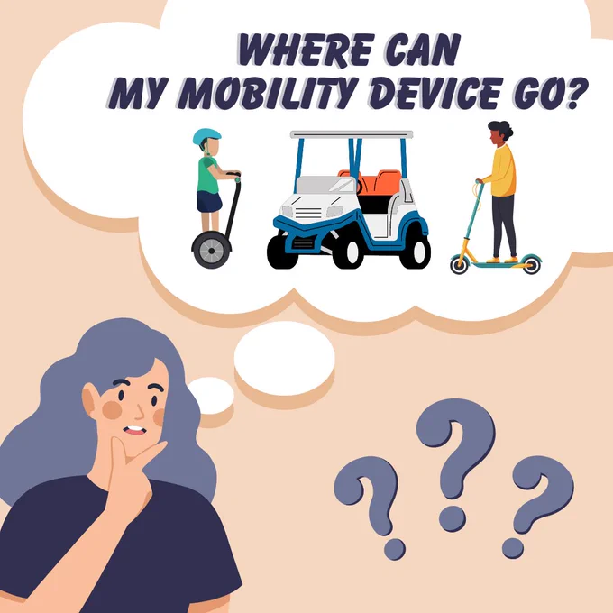 Where can my mobility device go? Woman scratches her chin as she thinks about different mobility devices (Segway, Golfcart, scooter)