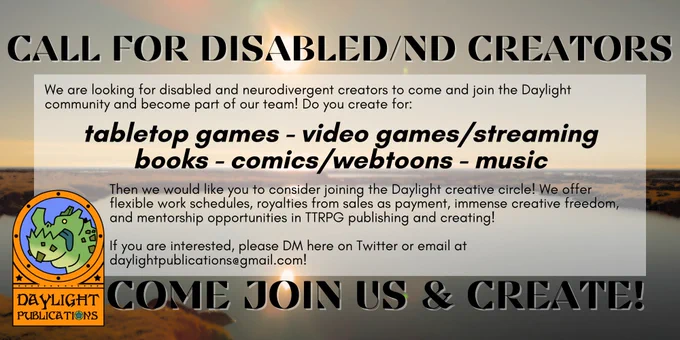 A banner adverting a call for disabled and neurodivergent creators to join Daylight Publications. 