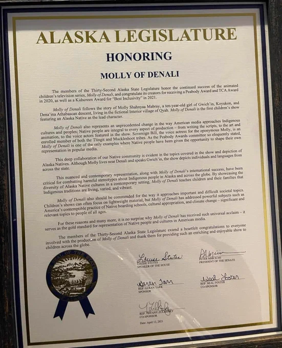 GBH's Molly of Denali is honored by the Alaska State Legislature with an official document recognizing the show's groundbreaking representation of Native people and culture in American media. 