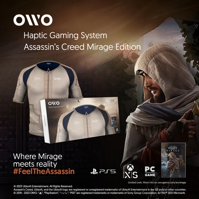 We can see Basim with a profile view looking to the left at the OWO haptic vest Assassin's creed Mirage edition. In front of the vest, we can see the branded box of the bundle. At the bottom, we can read "When mirage meets reality #FeelTheAssassin. At the bottom right corner, we have the SKU of Assassin's Creed Mirage Deluxe edition.
