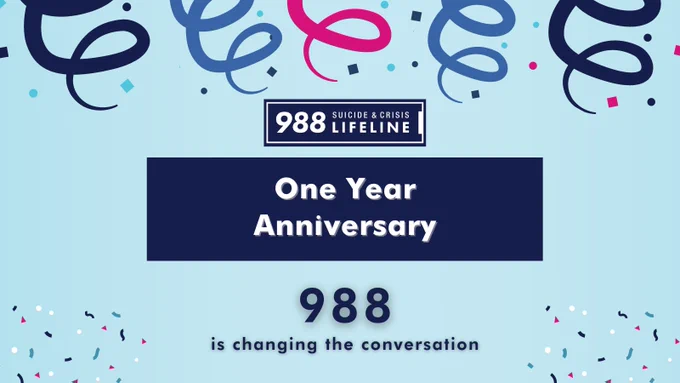 Light blue graphic featuring dark blue, pink, and white confetti that reads 988 Suicide & Crisis Lifeline one year anniversary. 988 is changing the conversation.