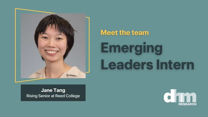 Photo of person smiling and wearing a beige shirt. Text: Meet the team | Emerging Leaders Intern | Jane Tang | Rising Senior at Reed College