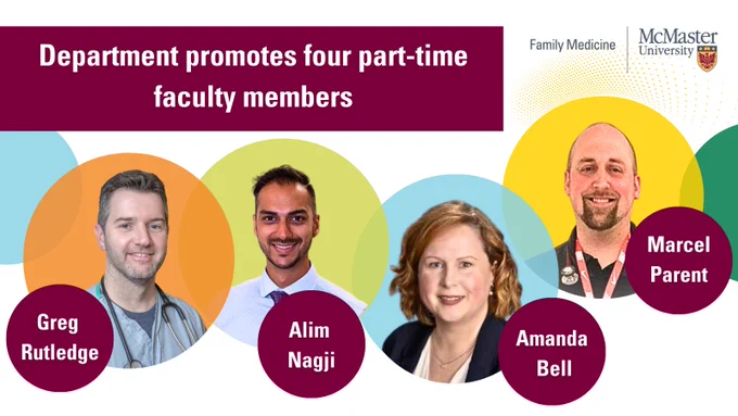 Department promotes four part-time faculty members, Greg Rutledge, Alim Nagji, Amanda Bell, Marvel Parent.