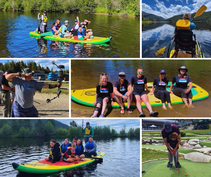 Various pictures of people rafting, doing archery and playing putt putt. 