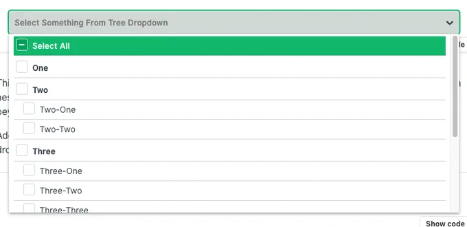 A dropdown with an expanded listbox of options. Each option contains a checkbox and has nested child options. Selecting the parent checkbox will select all child options.