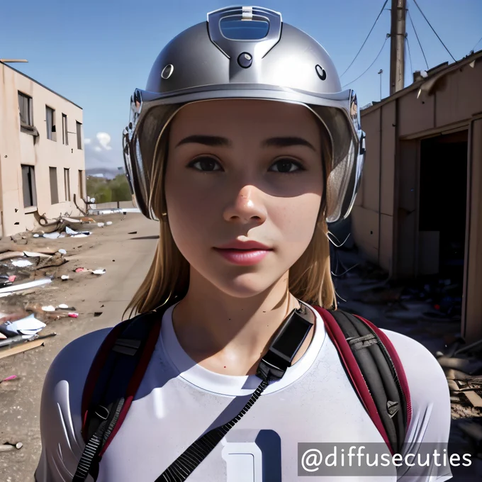 post-apocalyptic world with tall skinny teenager wearing a helmet and a shirt and backpack, in a world destroyed by nuclear war. 3/5
