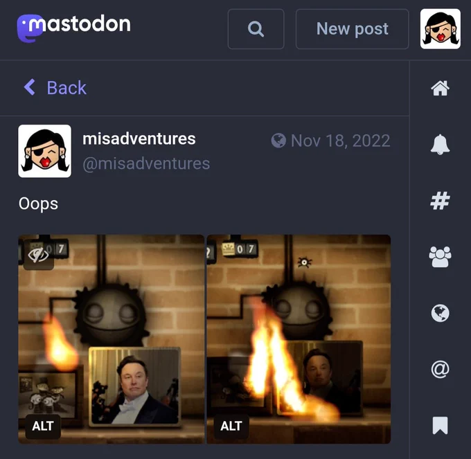 Mastodon post @misadventures - fireplace with lit picture of Elon Musk starting to burn along the bottom corner 