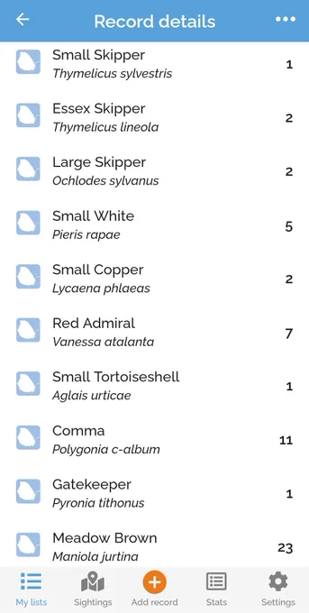 Butterfly species recorded in BirdTrack app