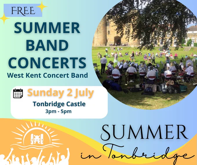 Summer in Tonbridge graphic with a photo of a band playing on the castle lawn