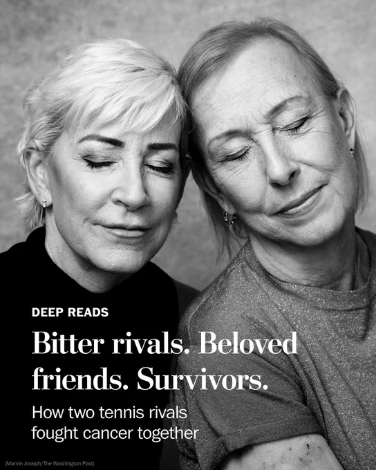 Photographed is Chris Evert and Martina Navratilova side by side. The white text reads “Deep Reads: Bitter Rivals. Beloved Friends. Survivors.