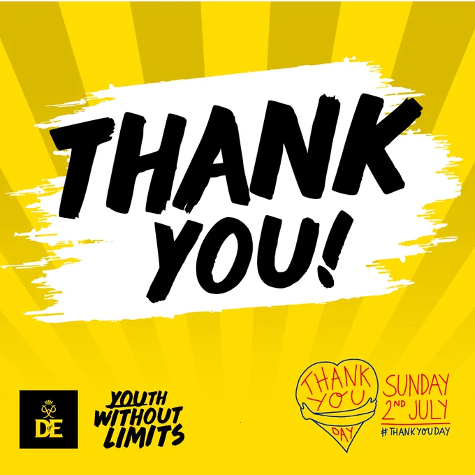 Yellow sunrise with text that reads "Thank you!" DofE logo in bottom left corner, Thank You Day logo in bottom right corner.