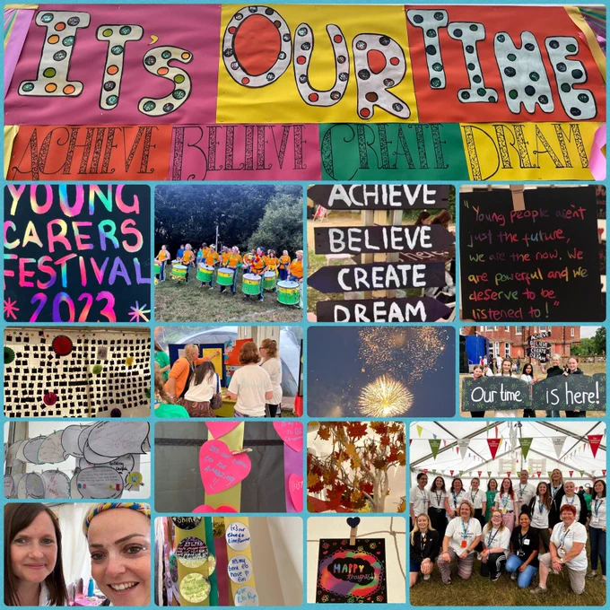 Montage of young carers festival with photos of the theme signs, samba band, fireworks,scratch art, consultation feedback, mirrors with writing on, photo of a group of people, and 2 people.