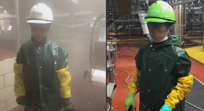 Two migrant children photographed working at a slaughterhouse in the midwest last fall.