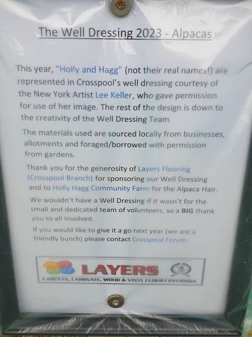 Photo explaining the idea behind the well dressing representing two alpacas. It was created by the well dressing team from a photo by New York artist Lee Keller.
