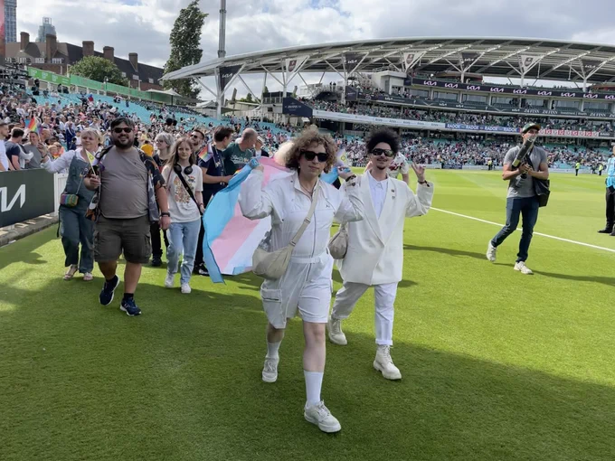 Guests including intersex rights activist Valentino Vecchietti tour round the Oval boundary