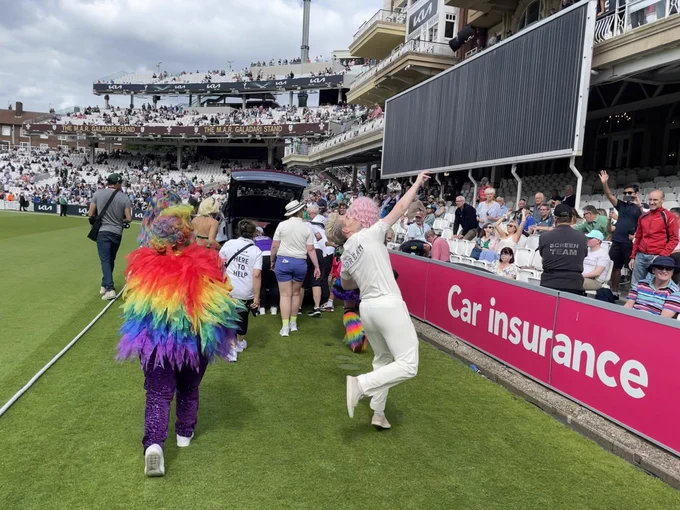 T-shirts are hurled into the crowd at the Oval