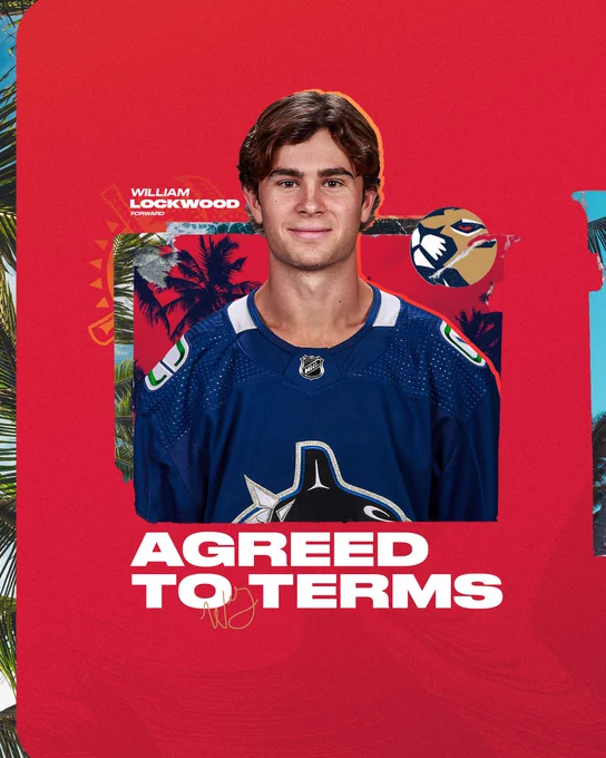 Red background graphic featuring a photo of William Lockwood in the center. The text beneath him reads: “Agreed to terms” in white.