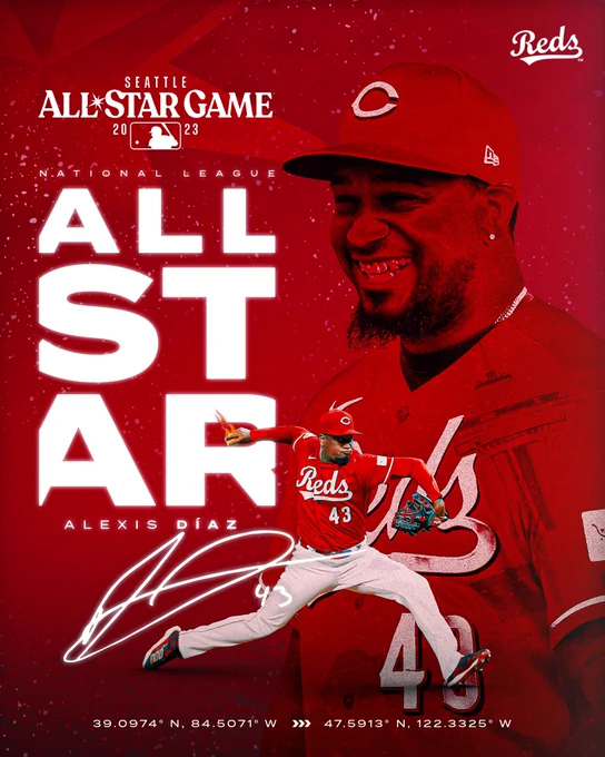 Graphic for Alexis Díaz being named a National League All-Star. He is shown both smiling and during the delivery of a pitch.