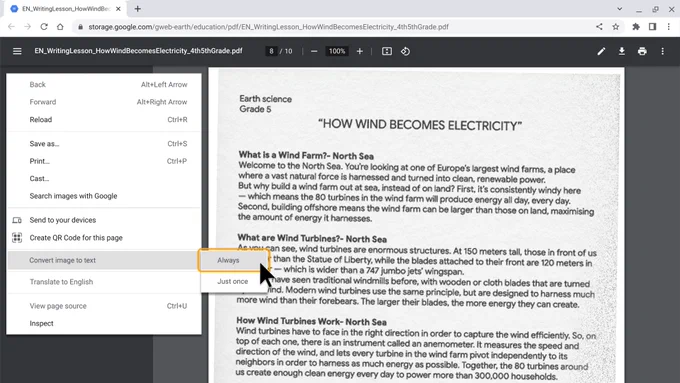Static image showing what settings to use to convert a PDF image to text on a Chromebook.
