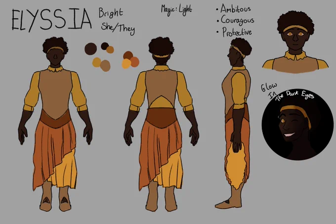
An illustrated turn-around of a person with dark brown coiled hair and a yellow headband. She wears a yellow rolled-up dress shirt with a dusty gold sweater vest. She wears a yellow gradiented, layered skirt, going from a warm brown to yellow mustard colour. She has bright gold eyes.