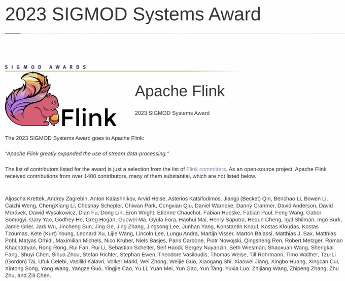 Apache Flink has won the 2023 SIGMOD Systems Award