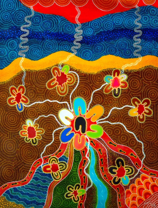 Colourful Aboriginal dot artwork showing symbols of people in little yarning circles including people with disability. The little yarning circles lead to a bigger yarning circle that represents Sport4All.