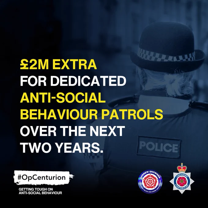 Image of police officer
Logos of Lancashire Police and Lancashire Police and Crime Commissioner
#OpCenturion
£2 million extra for dedicated anti-social behaviour patrols over the next two years