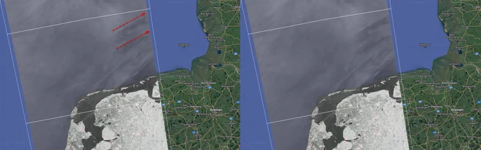 Two synthetic aperture radar scenes illustrate how wind propagates through offshore wind farms to impact adjacent farms. The impact can stretch as far as 100 km.